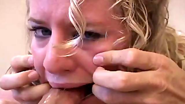 Cute blonde with curly hair gives loving blowjob