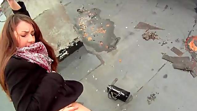 Rooftop doggystyle sex with cutie in a coat