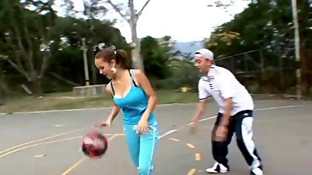 Huge tits teen bouncing on the basketball court