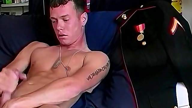 Naked military guy jerks off and cums