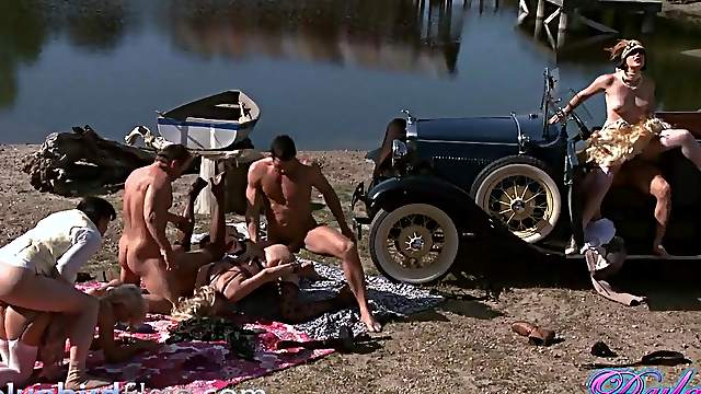 Old timey costumes on sluts fucking in an outdoor gangbang
