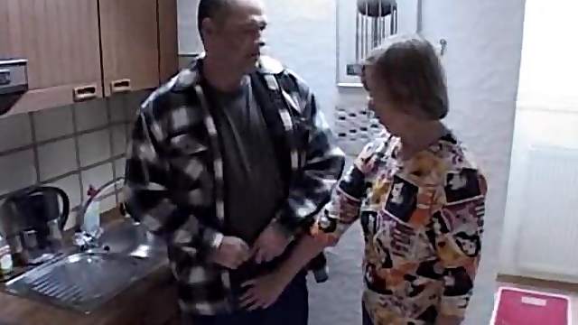 Old lady and daughter fucking guy in kitchen