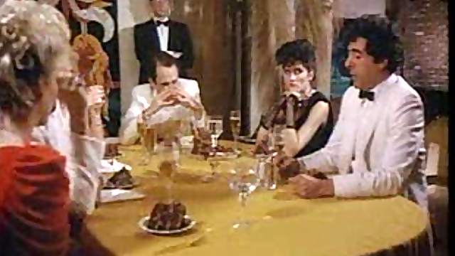 Retro porn dinner party and group fuck scene