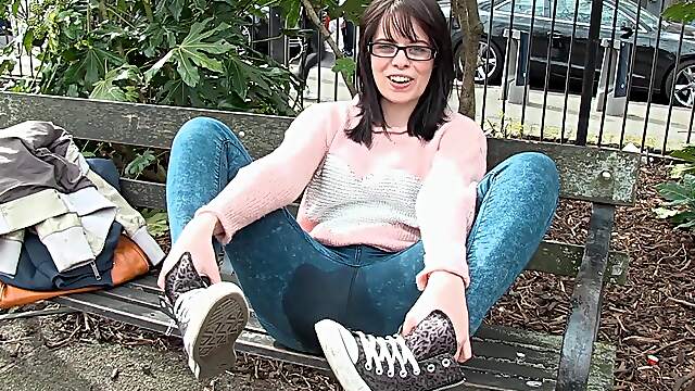 Nerdy amateur pees on herself in public and shares unique angles