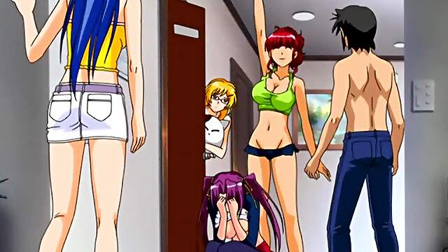 Blondes with big boobs in a steamy anime threesome on the bed