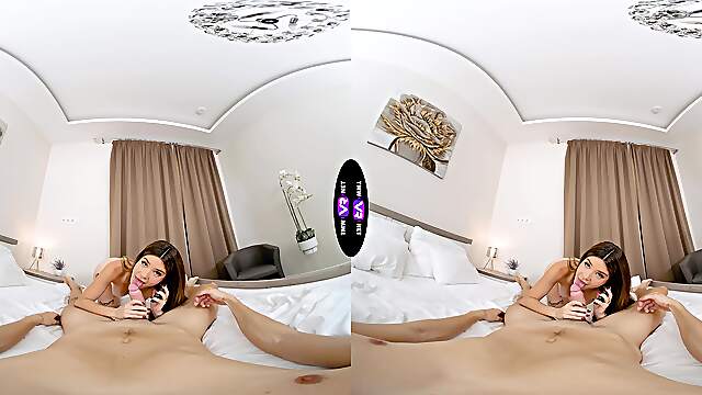 Two sexy babes ride a big dick in a steamy virtual reality scene